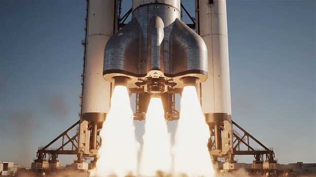 A close shot shows a space exploration rocket engine ignition. Powerful hot flames burst from the nozzle during the vertical takeoff.