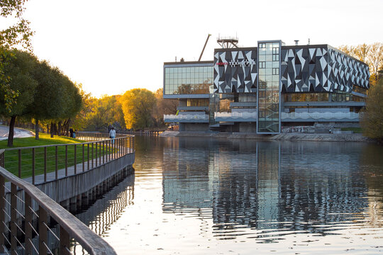 Moscow, Russia - October 21, 2024: Pavilion No. 38 "Business.Technograd" at VDNKh on the shore of the Fourth Kamensky Pond