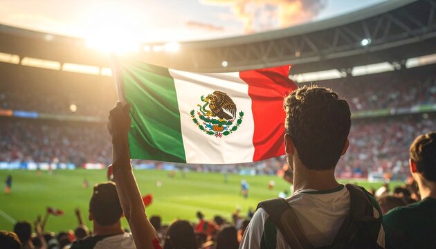 Soccer supporter cheering with flag of Mexico at the World Cup