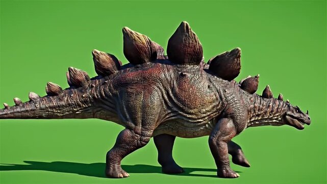 A realistic Stegosaurus dinosaur walks on a green screen. It shows detailed skin, plates, and tail spikes.