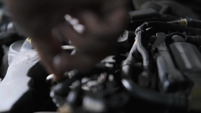 Close Up of Auto Mechanic Hands Repairing and Fixing Car Engine under the Hood in a Garage Workshop