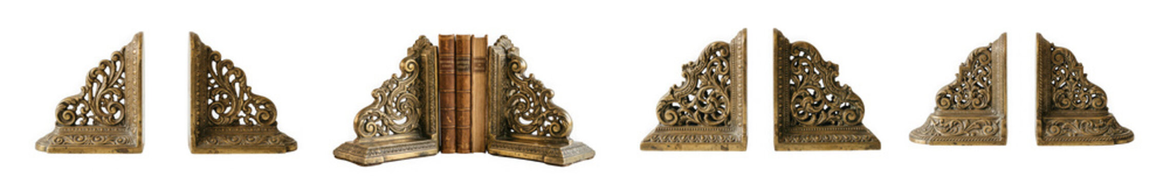 Antique ornate bronze bookends holding empty space, decorative shelf isolated on transparent background