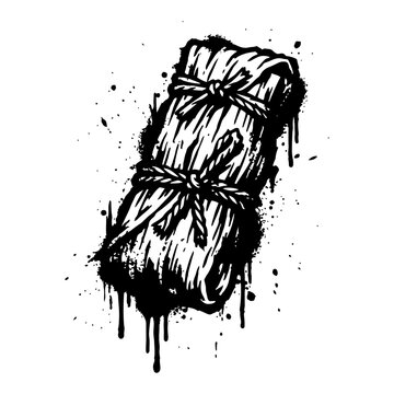 Tamale wrapped in husk with artistic ink splatters and grunge drip style