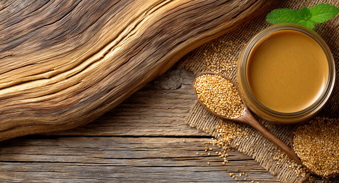 Tahini in glass jar with sesame seed on wooden spoon. Healthy organic food and natural ingredient for cooking. Culinary background with raw superfood for vegan nutrition and diet.
