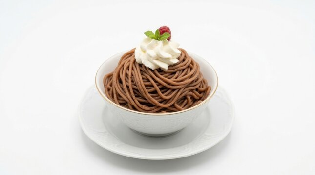 Chocolate spaghetti dessert with whipped cream.