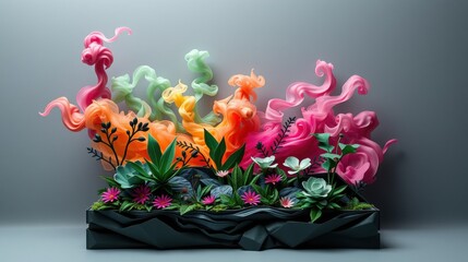 Fototapeta premium Abstract floral arrangement. Vibrant colors rise from dark container. Modern design, artistic expression, beautiful composition.