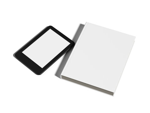 Blank White Isometric Book and Ebook Reader Mockup on Plain Surface 3D Render