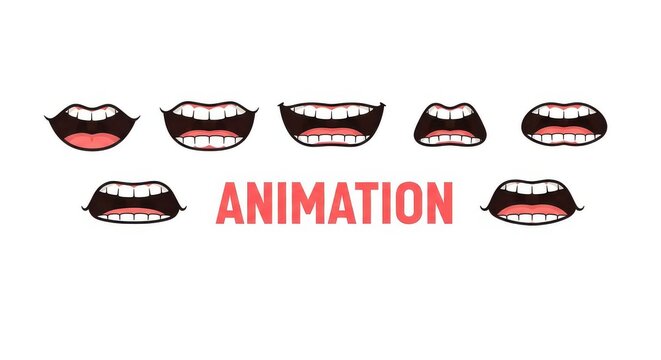 Cartoon Mouth Expressions Set for Lip Sync Animation. Collection of various mouth shapes with teeth and tongue for character design.
