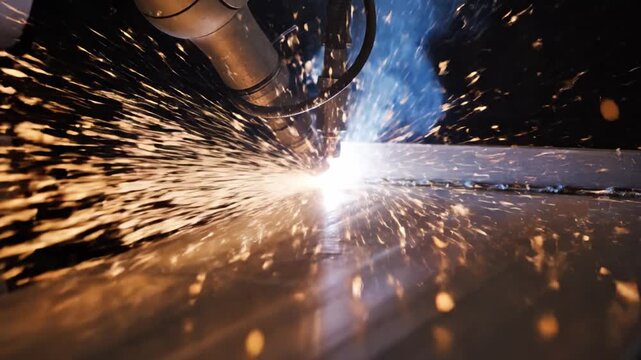 Metal cutting machine sparks flying with bright light energy in industrial manufacturing workshop technology creating dynamic energetic atmosphere and powerful factory environment