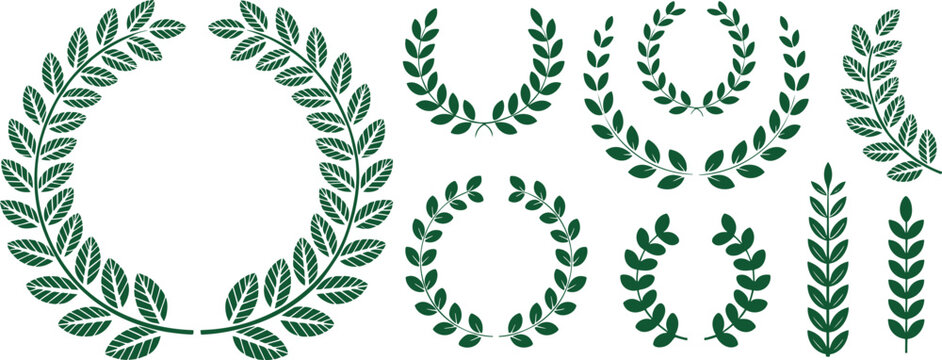 Elegant green olive branch laurel wreaths and decorative victory symbols for awards