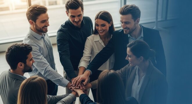 Diverse group of professionals joining hands in a circle symbolizing unity and teamwork in a modern office setting.