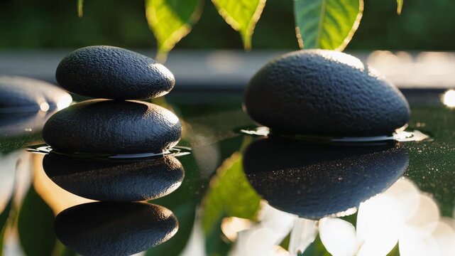 Zen garden with black stones stacked on water surface. Relaxing atmosphere enhances tranquility and mindfulness. Nature's beauty promotes wellness and meditation.