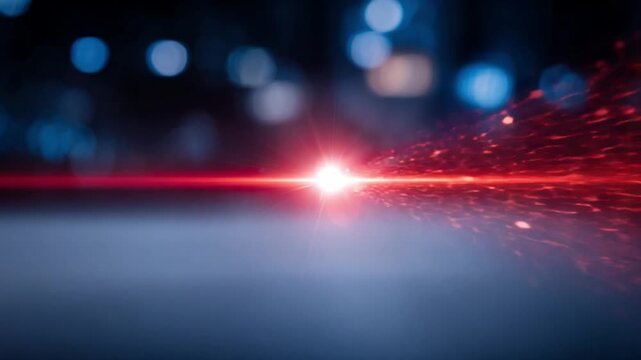 Abstract Light Streak: A vibrant red light streak streaks across a dark, blurred background with bokeh lights, creating a dynamic and futuristic abstract visual.