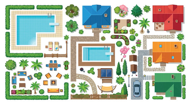 Architectural Plan Illustration With Houses Pools And Landscaping