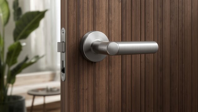 Closed wooden house entrance door with metal handle and lock shown in close-up interior view