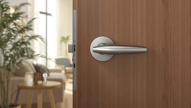 Close-up of a wooden and metal door handle and lock on a closed house or hotel entrance door showing security and entry control