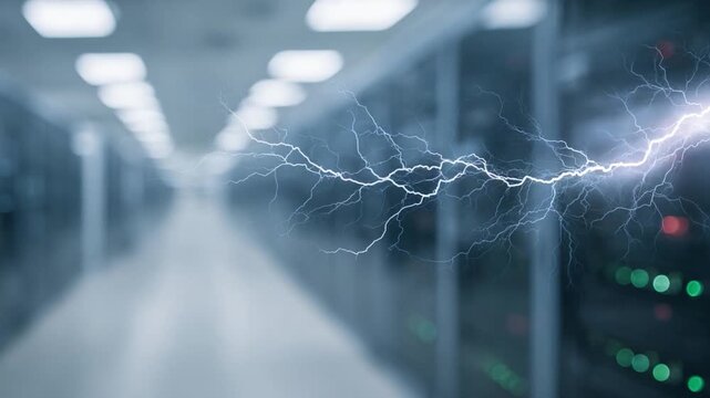 Data Center Lightning Strike: A dramatic lightning bolt illuminates a modern data center, showcasing rows of servers and blinking lights, symbolizing power and innovation.