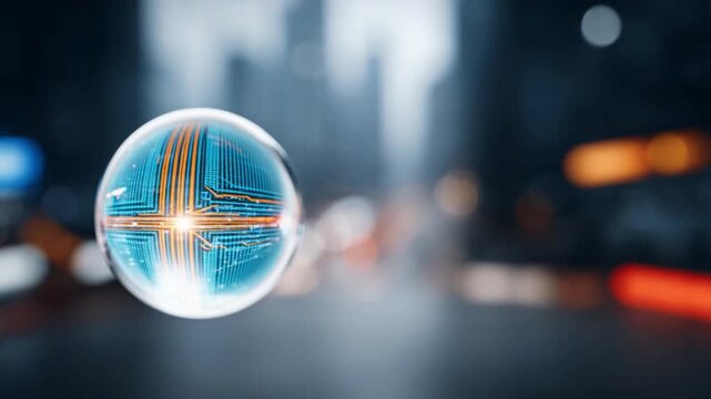 Abstract Digital Orb: A translucent orb, imbued with glowing circuitry patterns, floats serenely against a blurred, urban backdrop of bokeh lights and distant structures.