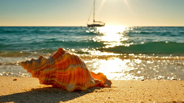 A large orange and brown spiral seashell sits on the golden sand of a tropical beach, with turquoise ocean waves and a blurred sailboat under a bright sunset in the background.