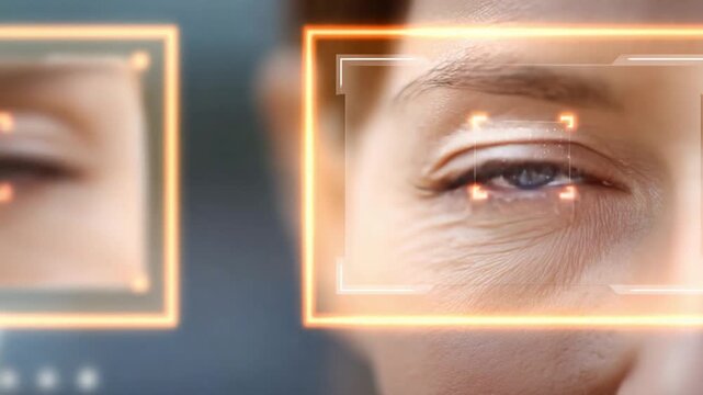 Biometric Scan: Close-up of a human eye undergoing biometric identification with futuristic digital scanning interfaces overlaying the iris, signifying advanced security and recognition technology.
