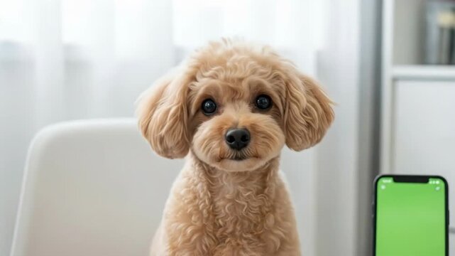 Curious poodle puppy sitting attentively indoors