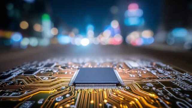 The Future of Connectivity: A close-up of a microchip on a circuit board, set against a blurred background of city lights.