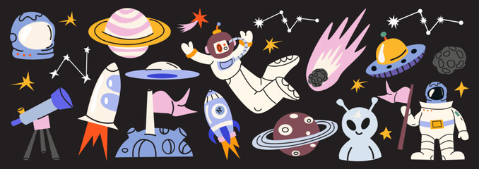 Outer space and galaxy adventure cartoon elements. Vector doodle universe stickers with astronauts, planets, rocket ships, alien, stars, comets and telescope on dark background © luamor