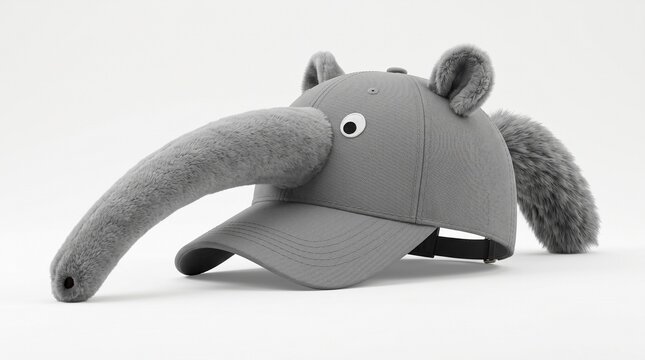 Grey anteaterthemed baseball cap with plush snout and ears