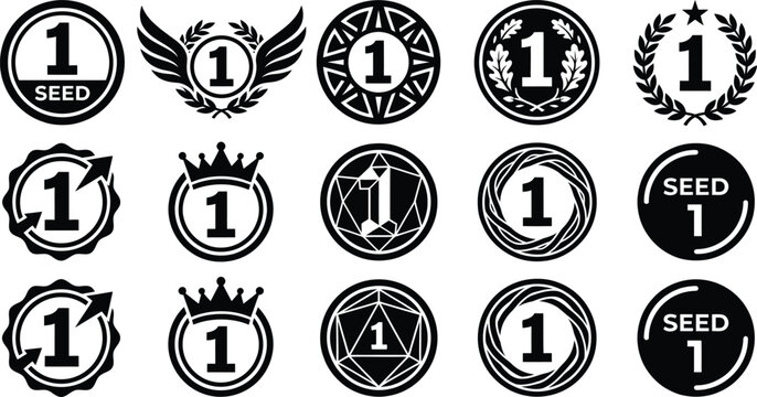 Minimalist black number one seed icons and ranking symbols set for sports league brackets and tournament web graphics.