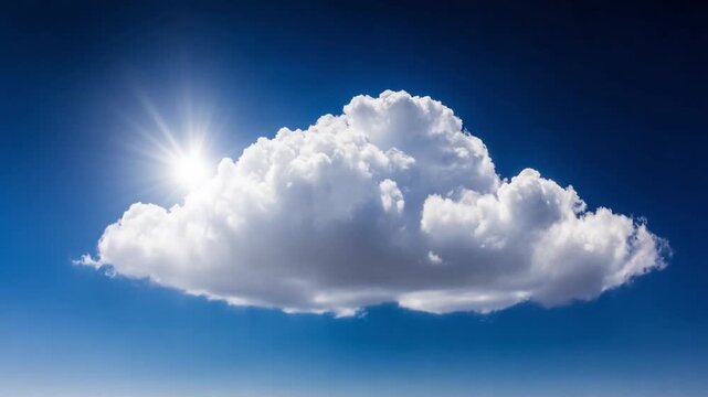 A Solitary Cloud in a Deep Blue Sky: A fluffy white cumulus cloud drifts serenely across a vivid, deep blue sky, with the sun casting brilliant rays from behind it.