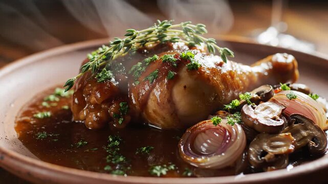 Braised chicken leg drumstick served on a ceramic plate with rich dark gravy sauce, roasted mushrooms, caramelized red onions, fresh thyme sprigs, and visible steam vapor.