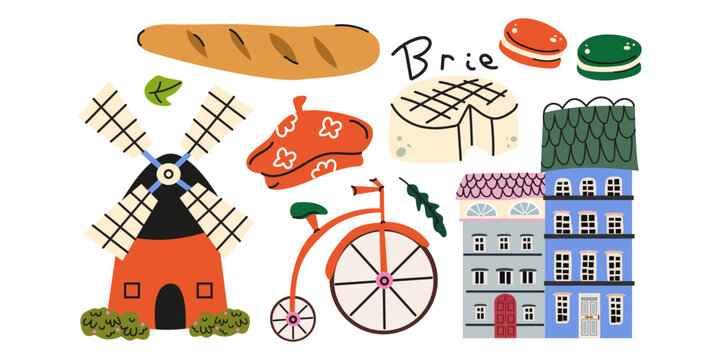 Paris travel and culture vector set. Hand drawn doodle elements collection, windmill, bicycle, beret hat, baguette bread, gourmet cheese, macarons, buildings isolated on white background