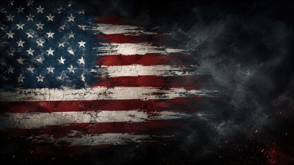 Grungy American flag background with dark smoke and sparks, showing distressed stars and stripes with dramatic copy space for patriotic, military, Memorial Day or Independence Day design