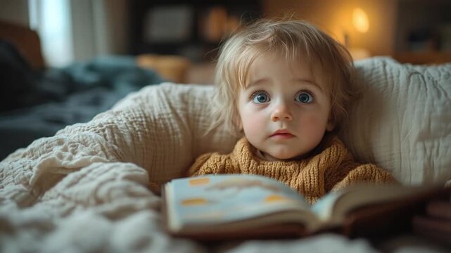 Curiosity Awakens: A wide-eyed baby, nestled in a cozy blanket fort with a book, looks with wonder at the camera. The soft lighting and warm hues create an intimate atmosphere.
