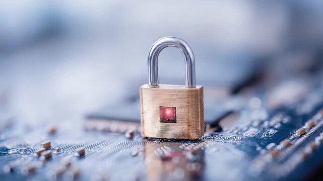 Digital Security Icon: A close-up view of a locked padlock, representing digital security and data protection, sits on a blurred circuit board, symbolizing technology and connectivity.
