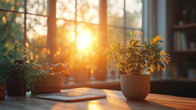 Golden Hour Serenity: Potted plants bask in the warm, radiant glow of the setting sun filtering through a window, creating a tranquil and inviting atmosphere indoors.