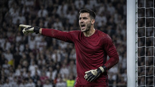 Football goalkeeper shouting instructions during live soccer game