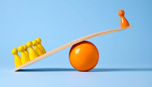 Orange supports plank, game pieces balance inequality on blue stage.