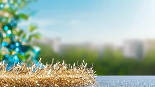 Christmas Sparkle on Blue Sky: A close-up shot of golden tinsel and blurred Christmas tree lights against a bright blue sky, hinting at festive celebrations outdoors.