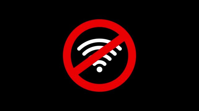 No wifi symbol with red prohibition sign on black background, offline internet connection problem icon 4k video.
