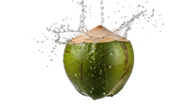 Fresh Green Coconut Splashing Water Isolated on White Background 1.