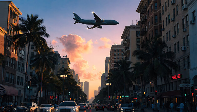 Cinematic airplane flying low above a busy Miami street during pink sunset, tall palm trees, luxury cars, glowing neon signs, dreamy atmosphere, ultra realistic, vibrant sky colors, golden hour 