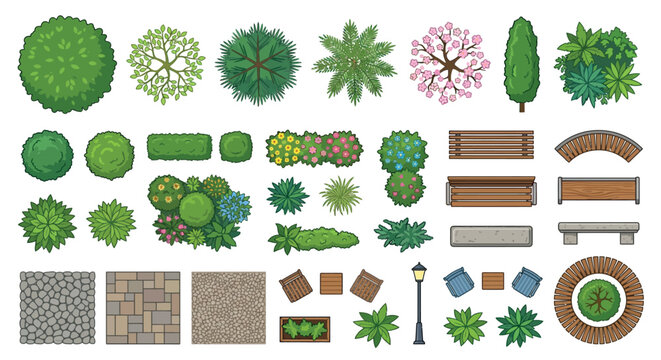 Garden Elements Vector Illustration With Trees Benches And Stone Textures