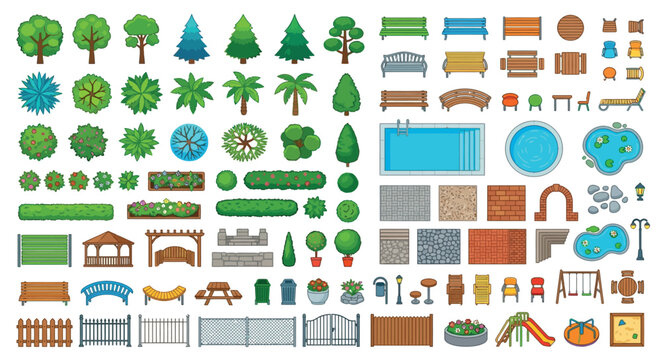 Park elements vector illustration with trees benches and swimming pools