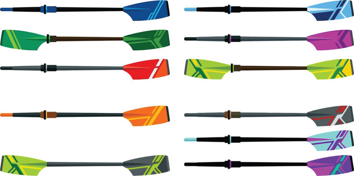 Set of colorful rowing oars with abstract patterns for water sports athletes.