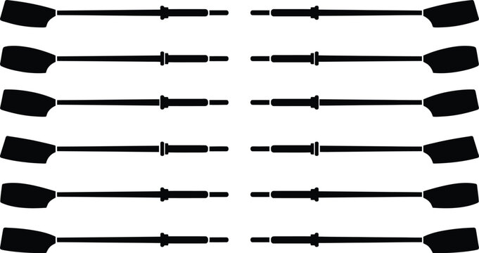 Silhouette set of rowing oars and paddles for boat competition icons.