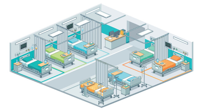 Isometric hospital ward interior with medical beds and monitoring equipment