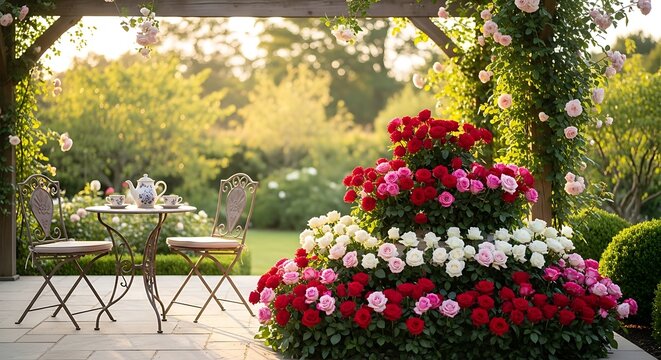 A charming garden patio with a tiered rose display and a cozy outdoor seating area under a rose-covered pergola, bathed in warm sunlight.