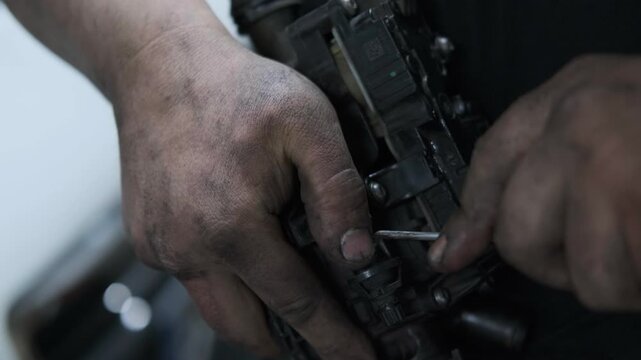 Close Up of Greasy Hands of Auto Mechanic Repairing a Car Component in a Workshop