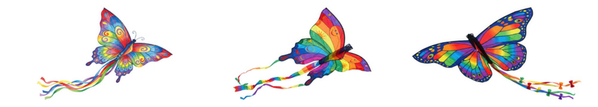 Three colorful rainbow butterflies with artistic trails isolated on transparent background